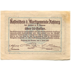 Банкнота 20 геллеров 1920 года Австрия  — Реберг-бай-Кремс-ан-дер-Донау(нотгельд) (вид 2)