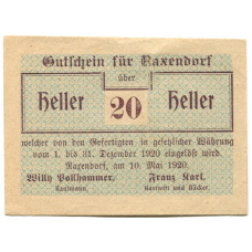 Банкнота 20 геллеров 1920 года Австрия — Раксендорф(нотгельд)
