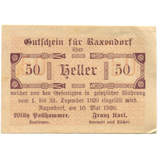 Банкнота 50 геллеров 1920 года Австрия — Раксендорф(нотгельд)