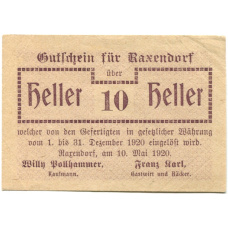 Банкнота 10 геллеров 1920 года Австрия — Раксендорф(нотгельд)