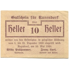 Банкнота 10 геллеров 1920 года Австрия — Раксендорф (нотгельд)