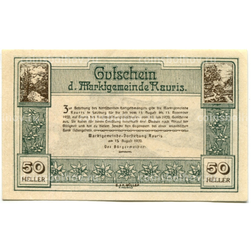 Банкнота 50 геллеров  1920 года Австрия — Рейс (нотгельд) (вид 2)