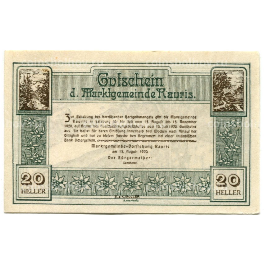 Банкнота 20 геллеров 1920 года Австрия — Рейс (нотгельд) (вид 2)