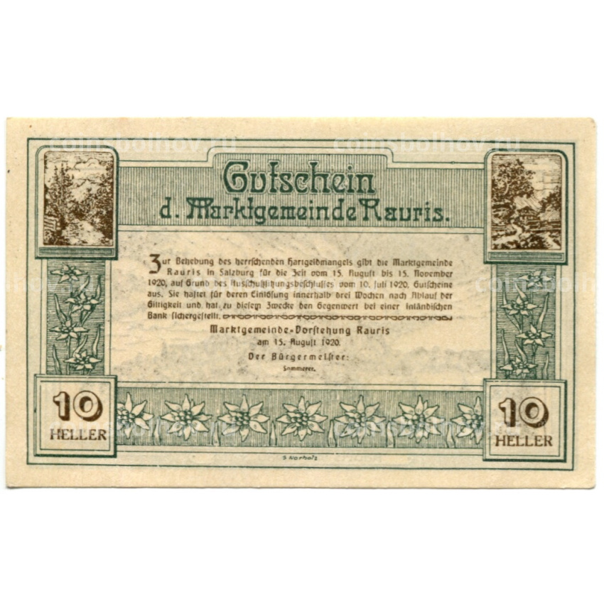 Банкнота 10 геллеров 1920 года Австрия — Рейс (нотгельд) (вид 2)