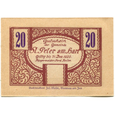 Банкнота 20 геллеров 1920 года Австрия  — Санкт-Петер-на-Вимберге (нотгельд) (реверс)