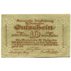 Банкнота 10 геллеров 1920 года Австрия — Санкт-Валентин (нотгельд)