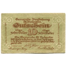 Банкнота 10 геллеров 1920 года Австрия — Санкт-Валентин (нотгельд)