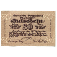 Банкнота 20 геллеров 1920 года Австрия — Санкт-Валентин (нотгельд)