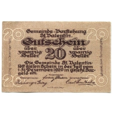 Банкнота 20 геллеров 1920 года Австрия — Санкт-Валентин (нотгельд)