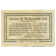 Банкнота 20 геллеров 1920 года Австрия — Рааб (нотгельд) (вид 2)