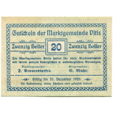 Банкнота 20 геллеров 1920 года Австрия — Витис (нотгельд)