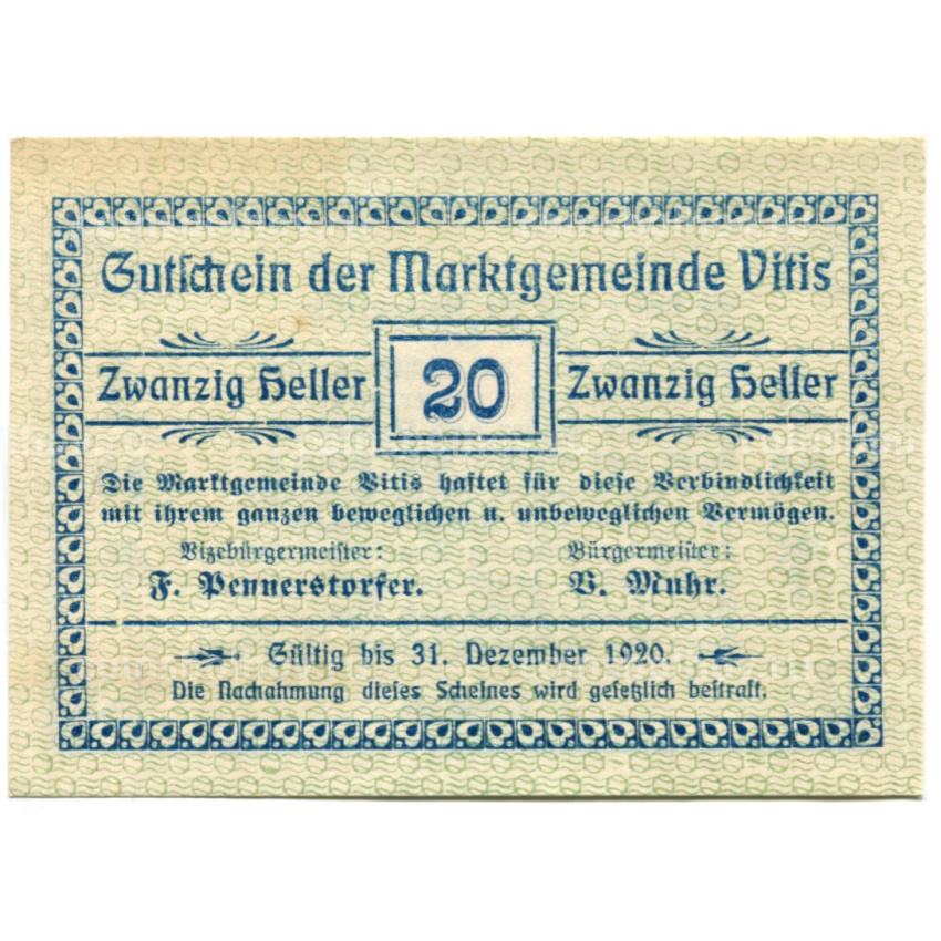 Банкнота 20 геллеров 1920 года Австрия — Витис (нотгельд)