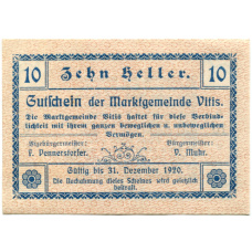 Банкнота 10 геллеров 1920 года Австрия — Витис (нотгельд) (аверс)
