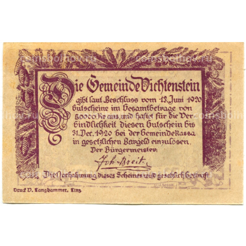 Банкнота 20 геллеров 1920 года Австрия — Вихтенштайн (нотгельд) (вид 2)