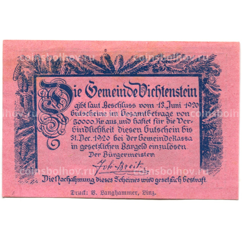 Банкнота 20 геллеров 1920 года Австрия — Вихтенштайн (нотгельд)