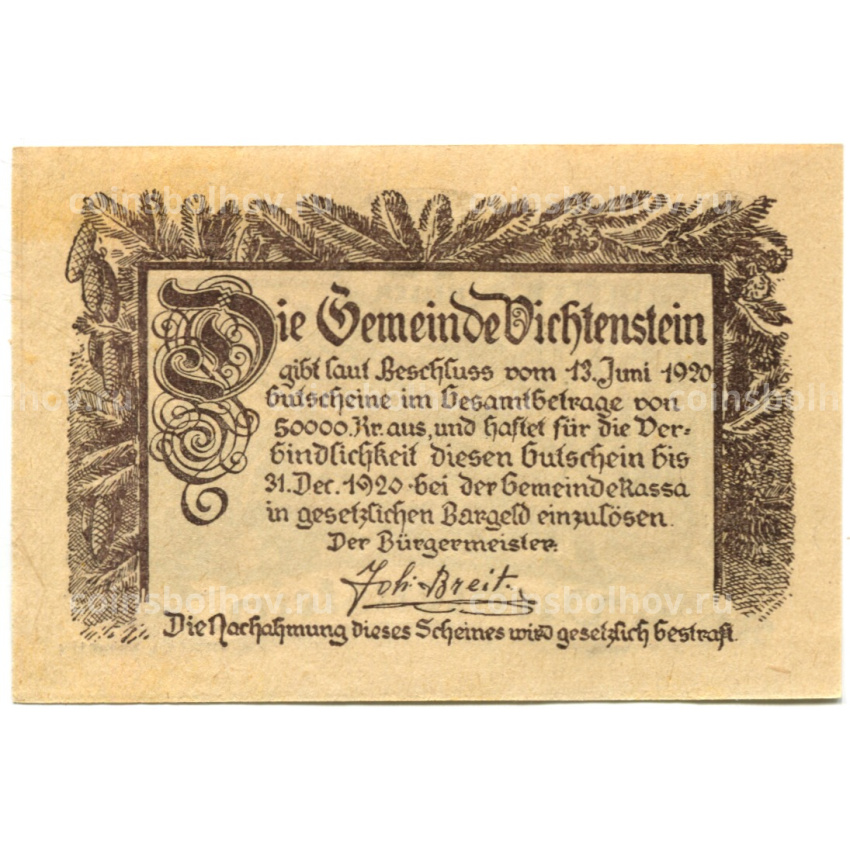 Банкнота 10 геллеров 1920 года Австрия — Вихтенштайн (нотгельд) (вид 2)