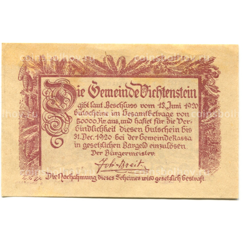 Банкнота 10 геллеров 1920 года Австрия — Вихтенштайн (нотгельд) (вид 2)