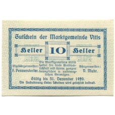 Банкнота 10 геллеров 1920 года Австрия — Витис (нотгельд)