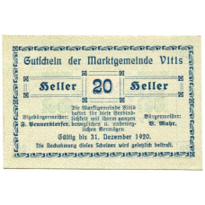 Банкнота 20 геллеров 1920 года Австрия — Витис (нотгельд)