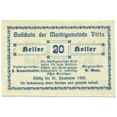 Банкнота 20 геллеров 1920 года Австрия — Витис (нотгельд)