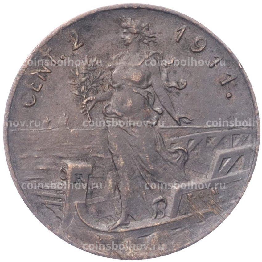 Монета 2 чентезимо 1911 года Италия