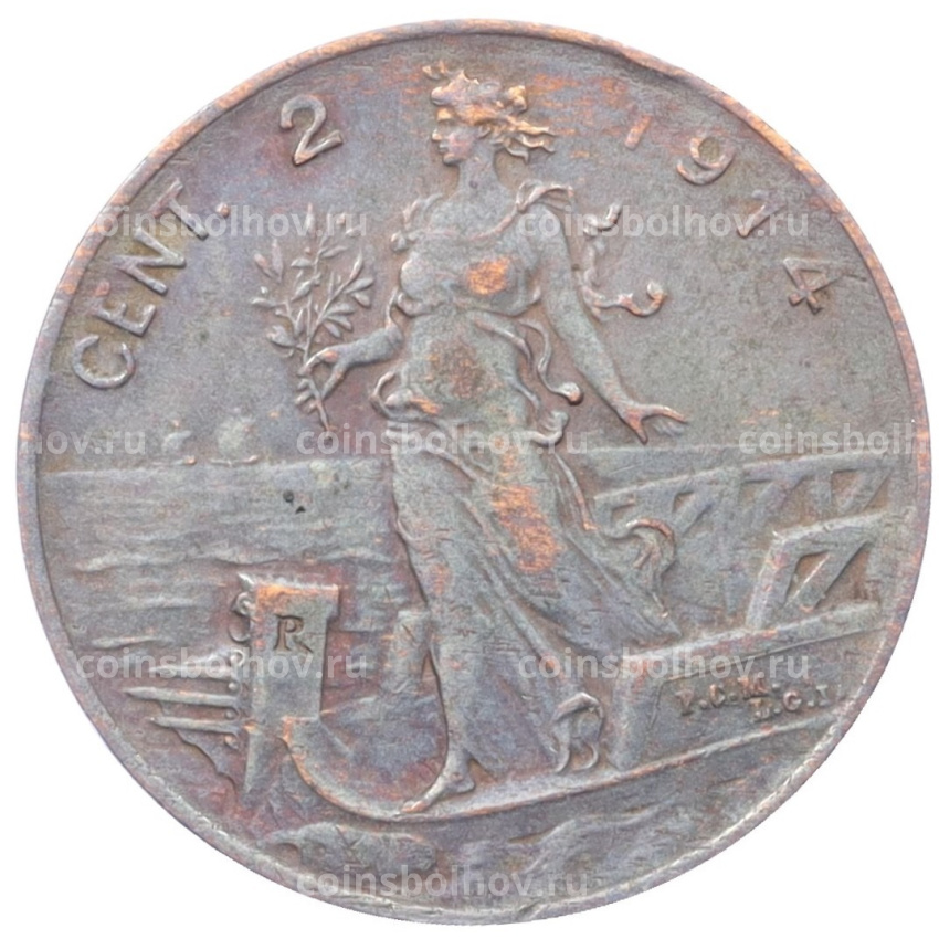 Монета 2 чентезимо 1914 года Италия