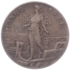Монета 2 чентезимо 1911 года Италия (аверс)