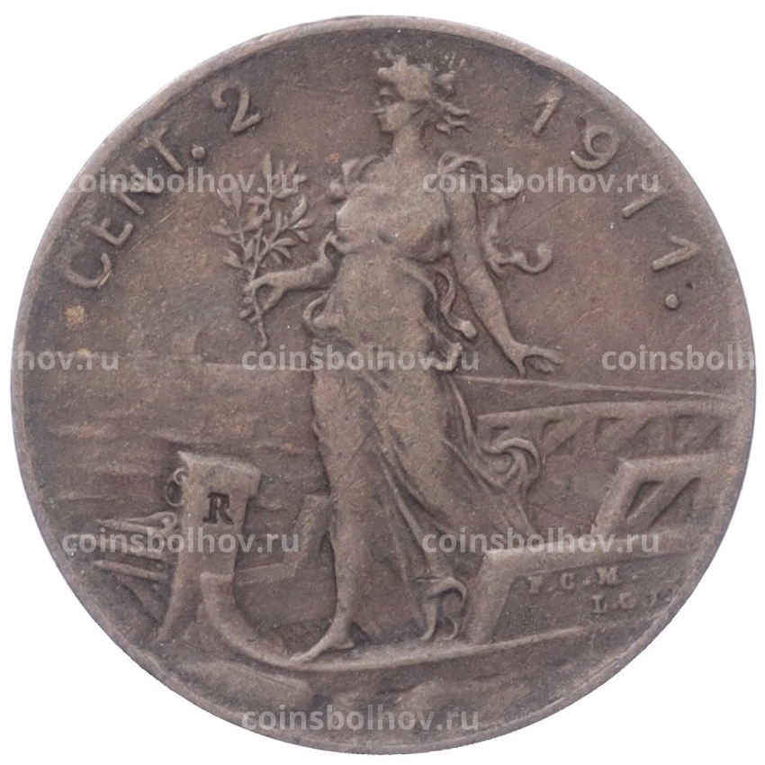 Монета 2 чентезимо 1911 года Италия