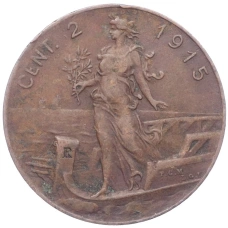 Монета 2 чентезимо 1915 года Италия (аверс)