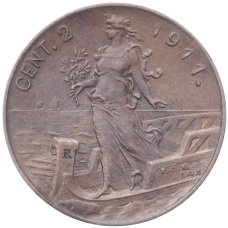 Монета 2 чентезимо 1911 года Италия (аверс)