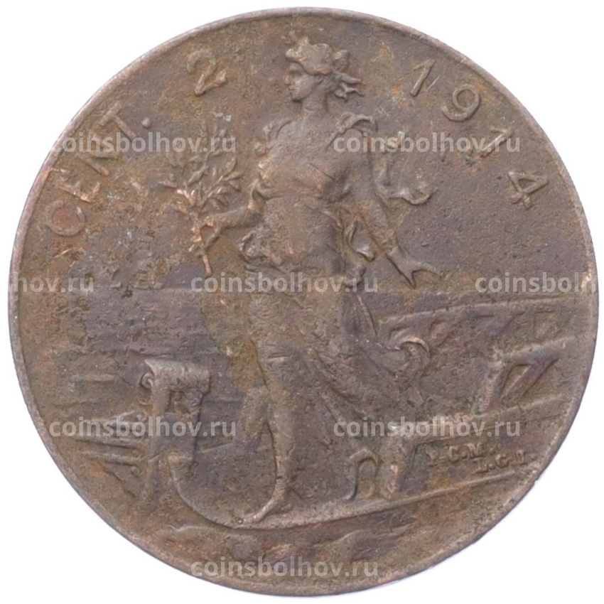 Монета 2 чентезимо 1914 года Италия