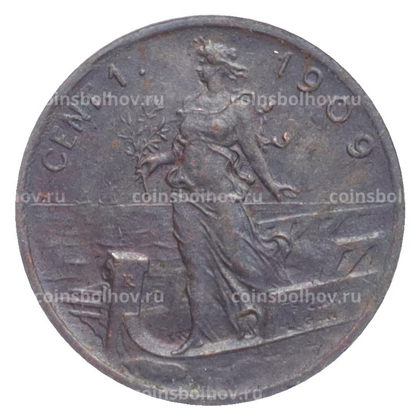 Монета 1 чентезимо 1909 года Италия