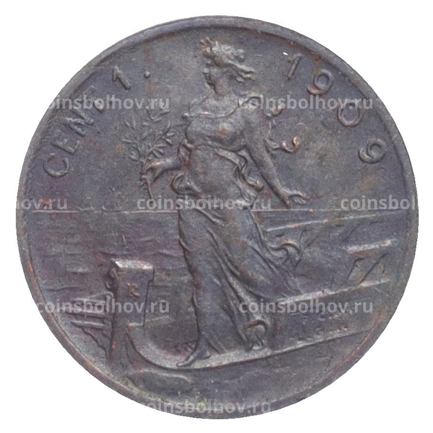Монета 1 чентезимо 1909 года Италия