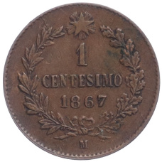 Монета 1 чентезимо 1867 года М Италия (аверс)