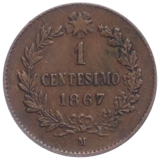 Монета 1 чентезимо 1867 года М Италия (аверс)
