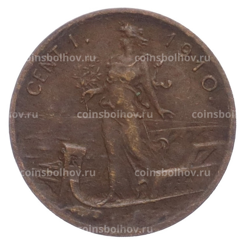 Монета 1 чентезимо 1910 года Италия