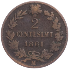 Монета 2 чентезимо 1861 года М Италия (аверс)