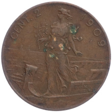 Монета 2 чентезимо 1909 года Италия (аверс)