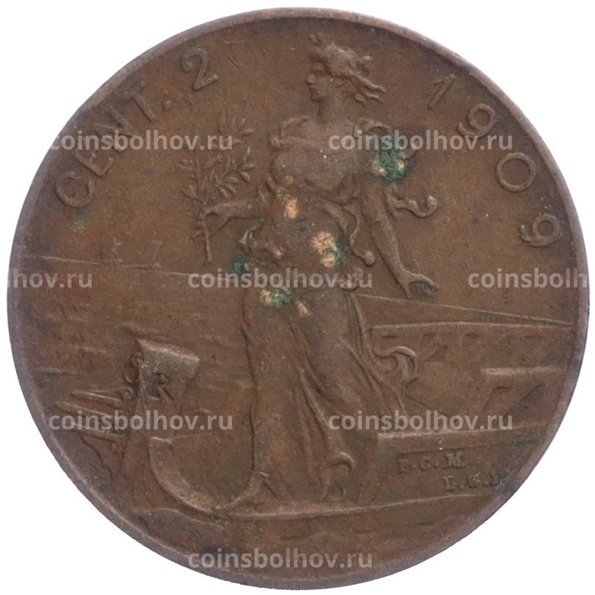 Монета 2 чентезимо 1909 года Италия