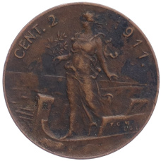 Монета 2 чентезимо 1911 года Италия (аверс)