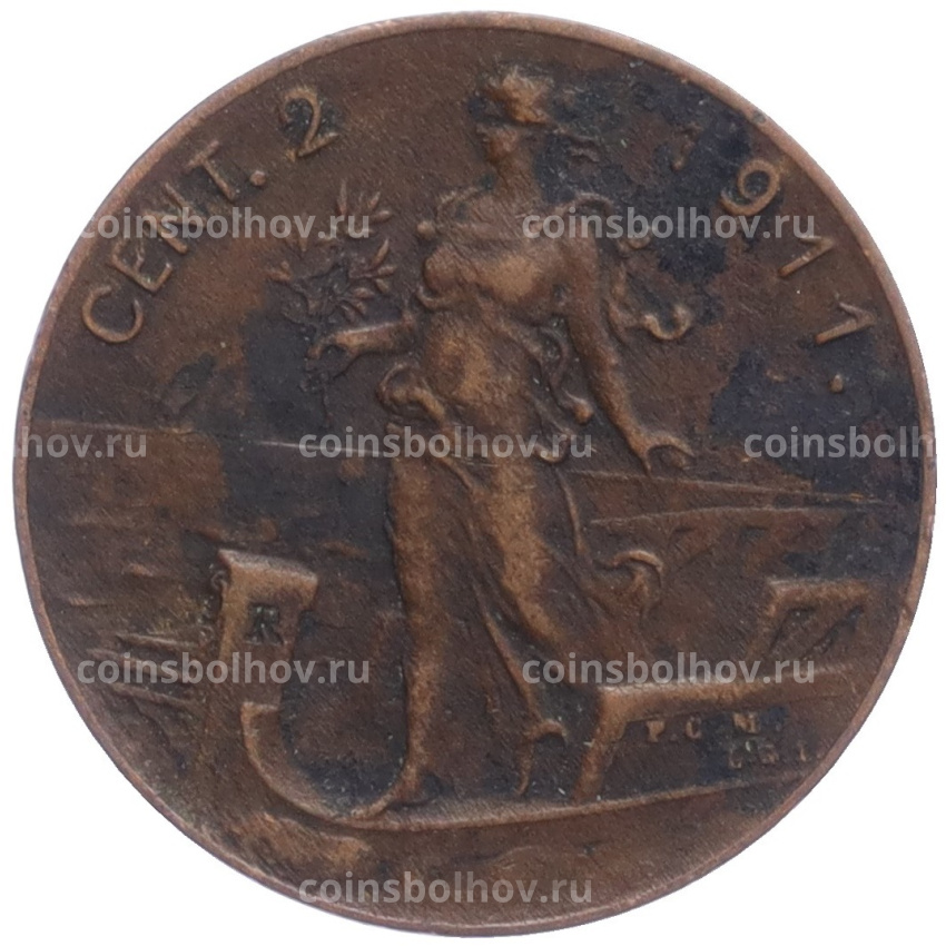 Монета 2 чентезимо 1911 года Италия