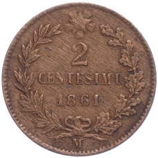 Монета 2 чентезимо 1861 года М Италия (аверс)