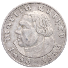 Монета 5 рейхсмарок 1933 года А Германия «450 лет со дня рождения Мартина Лютера» (аверс)