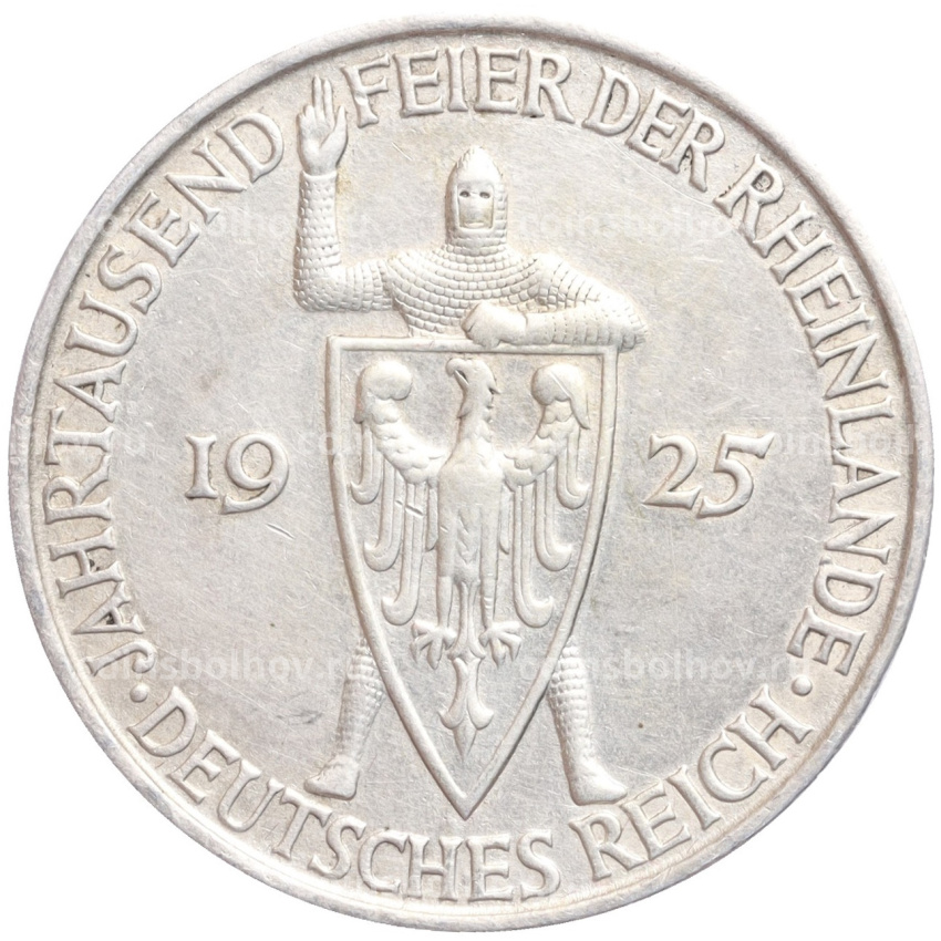 Монета 5 рейхсмарок 1925 года D Германия «Тысячелетие Рейнской области (Рейнланда)»
