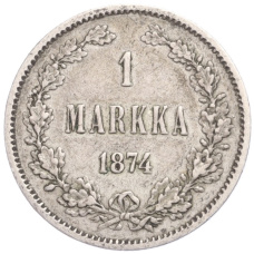 Монета 1 марка 1874 года Русская Финляндия (аверс)