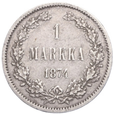 Монета 1 марка 1874 года Русская Финляндия (аверс)