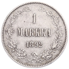 Монета 1 марка 1892 года Русская Финляндия (аверс)