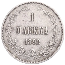Монета 1 марка 1892 года Русская Финляндия (аверс)