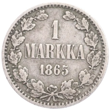 Монета 1 марка 1865 года Русская Финляндия (аверс)