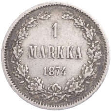 Монета 1 марка 1874 года Русская Финляндия (аверс)